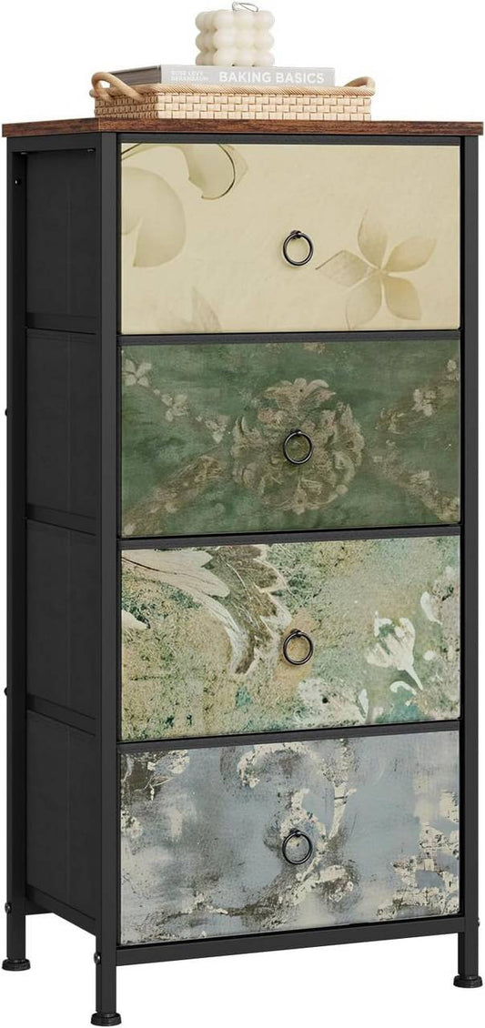 24goodz Vintage Floral 4-Drawer Chest - Unique Chic Design - E1 Wood and Metal - For Every Room - Rustic Brown + Black