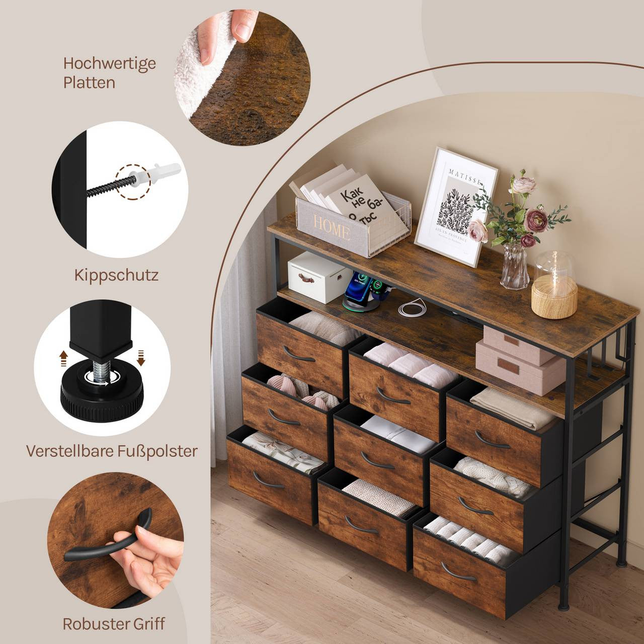 24goodz Rustic Brown Drawer Cabinet with 9 Fabric Drawers - Integrated LED Lighting - Sturdy Metal Frame - For Home Organization - 110 x 85 x 30 cm