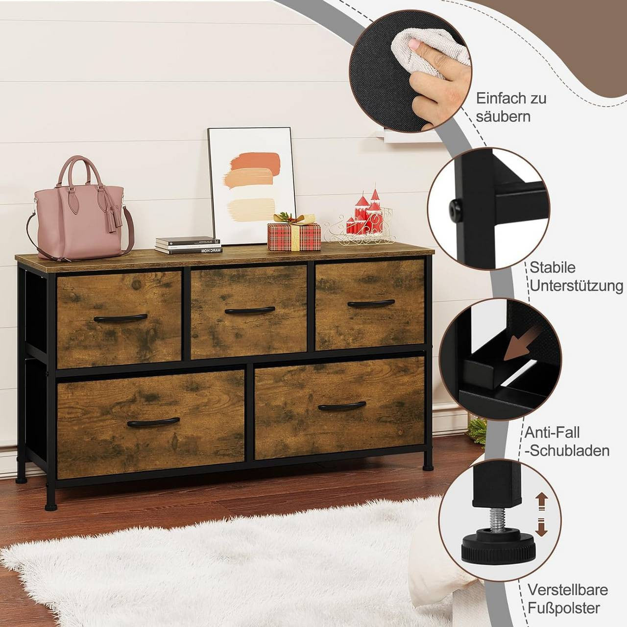 24goodz Vintage 5-Drawer Chest - Ample Storage Space - Sturdy Metal Frame - For Every Room - Vintage Brown