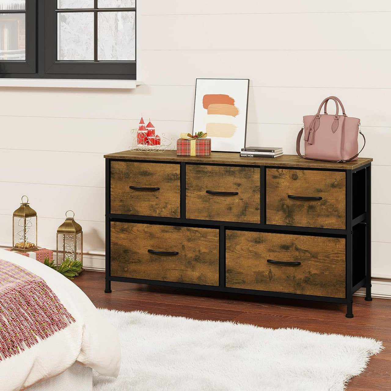 24goodz Vintage 5-Drawer Chest - Ample Storage Space - Sturdy Metal Frame - For Every Room - Vintage Brown