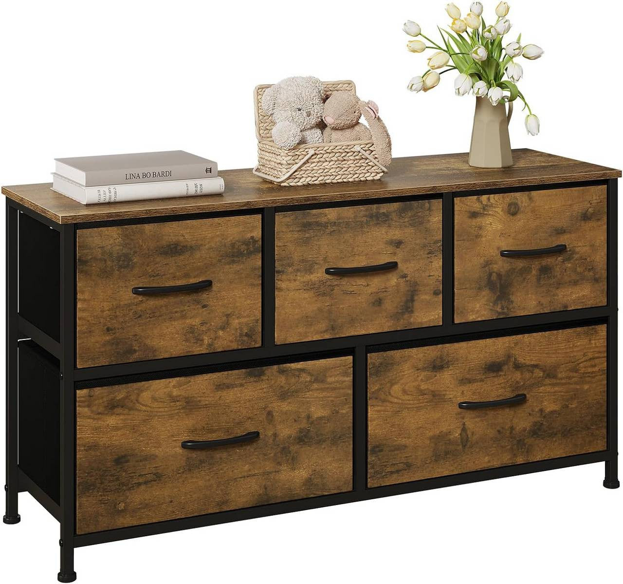 24goodz Vintage 5-Drawer Chest - Ample Storage Space - Sturdy Metal Frame - For Every Room - Vintage Brown