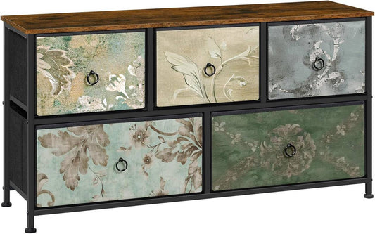 24goodz Vintage Floral 5-Drawer Chest - Unique Chic Design - Durable Metal and Wood - For Home Organization - Rustic Brown + Black