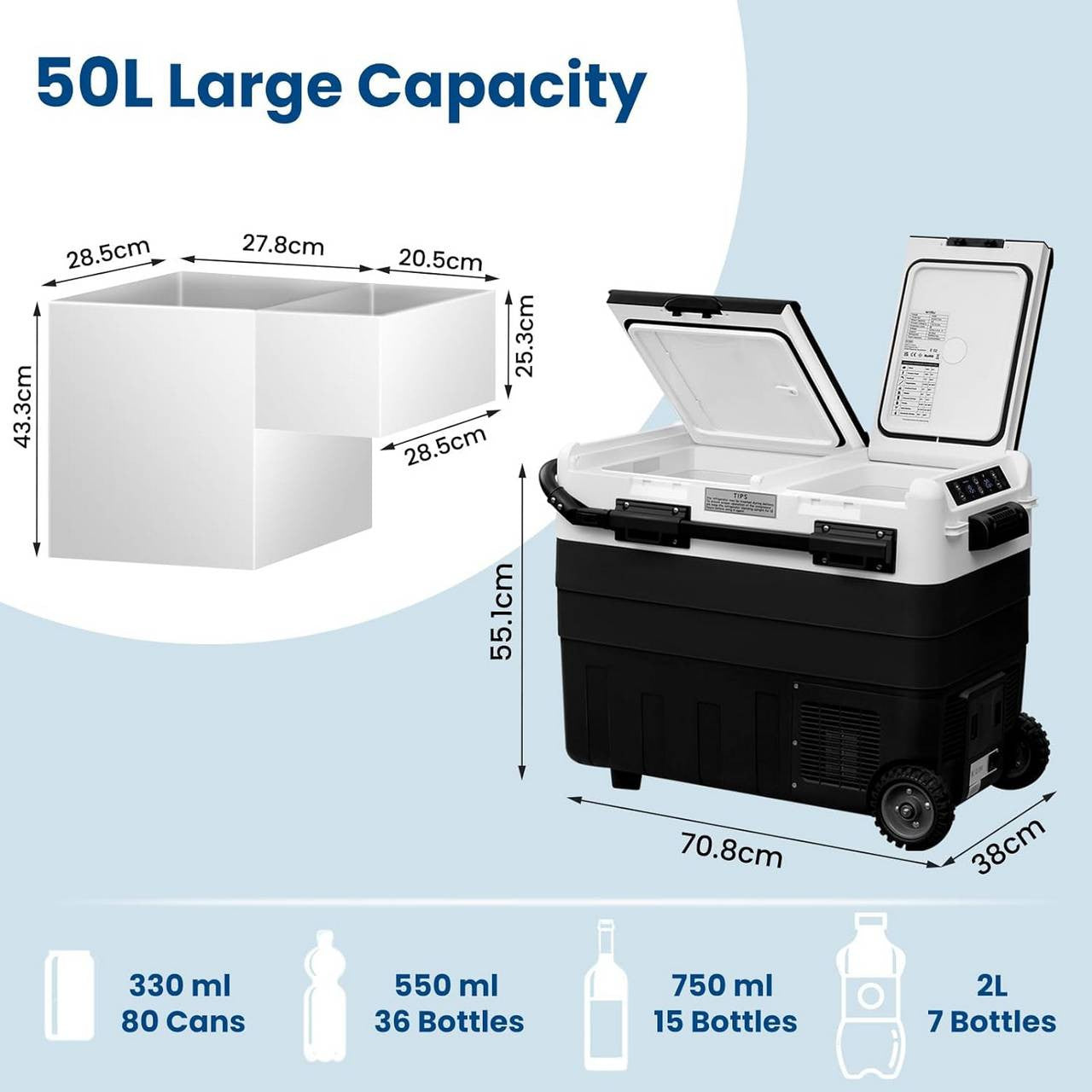 24goodz Compressor Cooler Box - Large Capacity with Dual Temperature Zones - Energy Efficient - For Outdoor Enthusiasts - Black and White