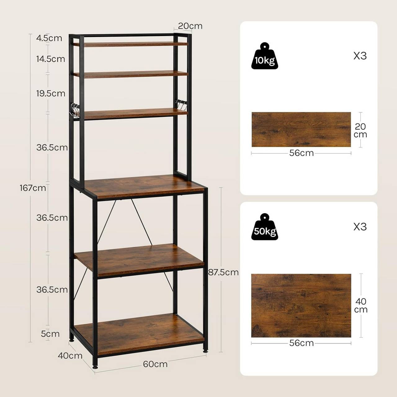 24goodz Kitchen Rack with 6 Shelves and Hooks - Durable and Stylish - E1 Quality Engineered Wood - For Home Chefs - Rustic Brown