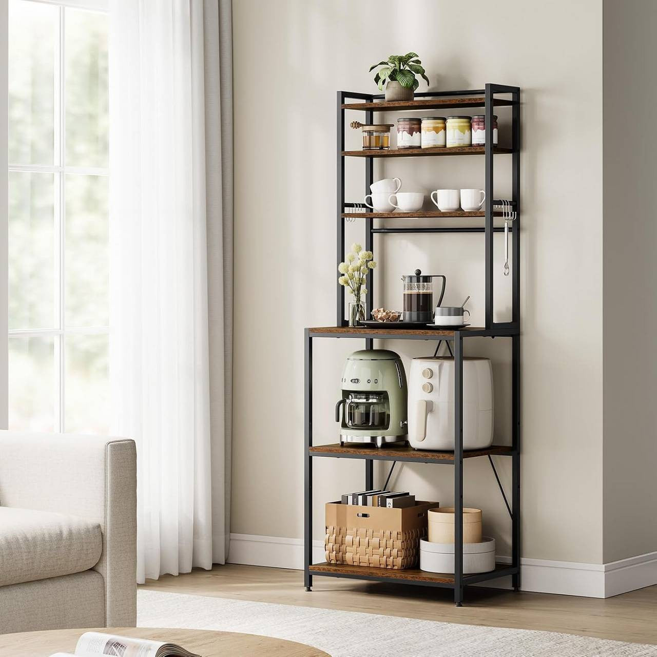 24goodz Kitchen Rack with 6 Shelves and Hooks - Durable and Stylish - E1 Quality Engineered Wood - For Home Chefs - Rustic Brown