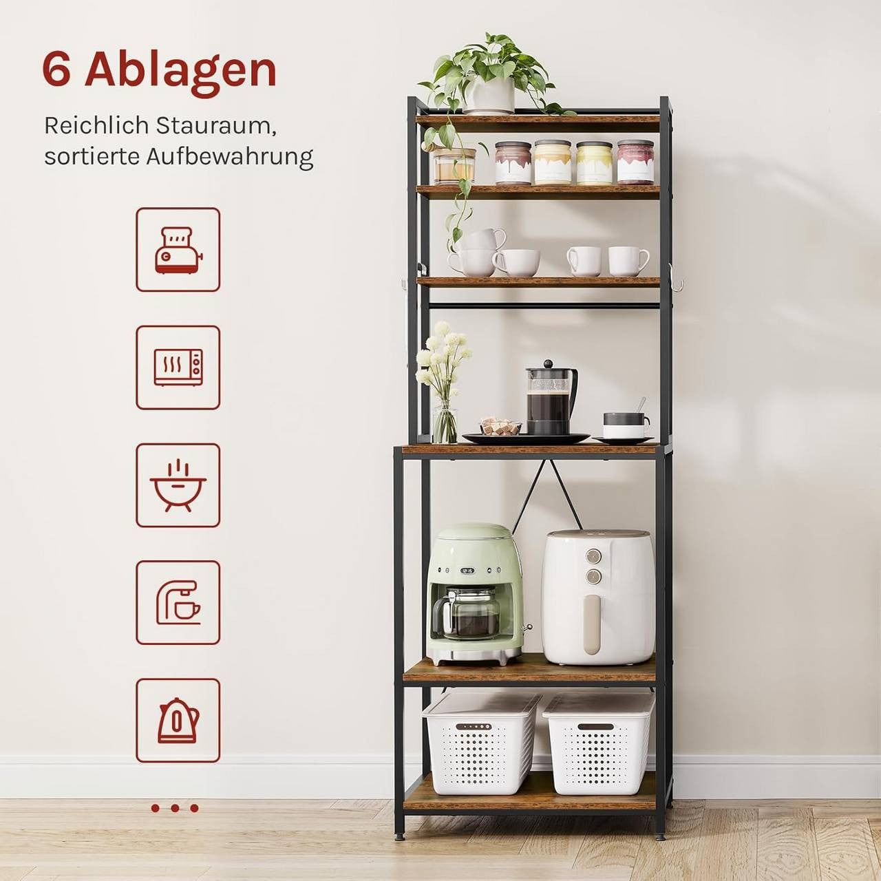 24goodz Kitchen Rack with 6 Shelves and Hooks - Durable and Stylish - E1 Quality Engineered Wood - For Home Chefs - Rustic Brown
