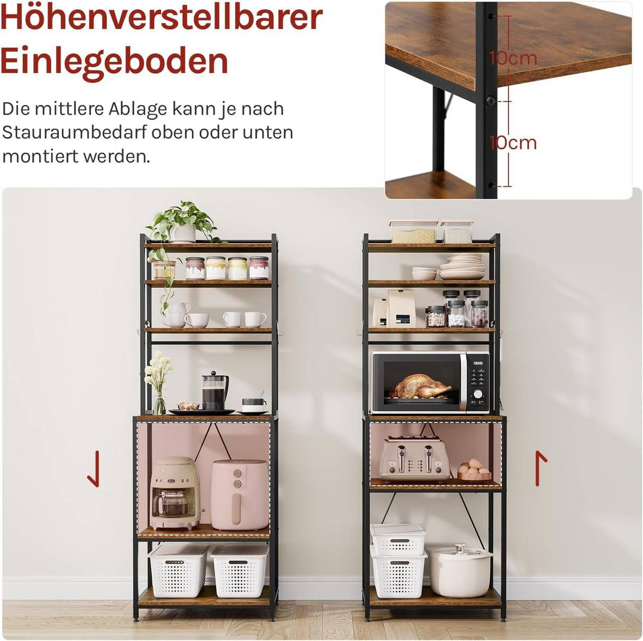 24goodz Kitchen Rack with 6 Shelves and Hooks - Durable and Stylish - E1 Quality Engineered Wood - For Home Chefs - Rustic Brown