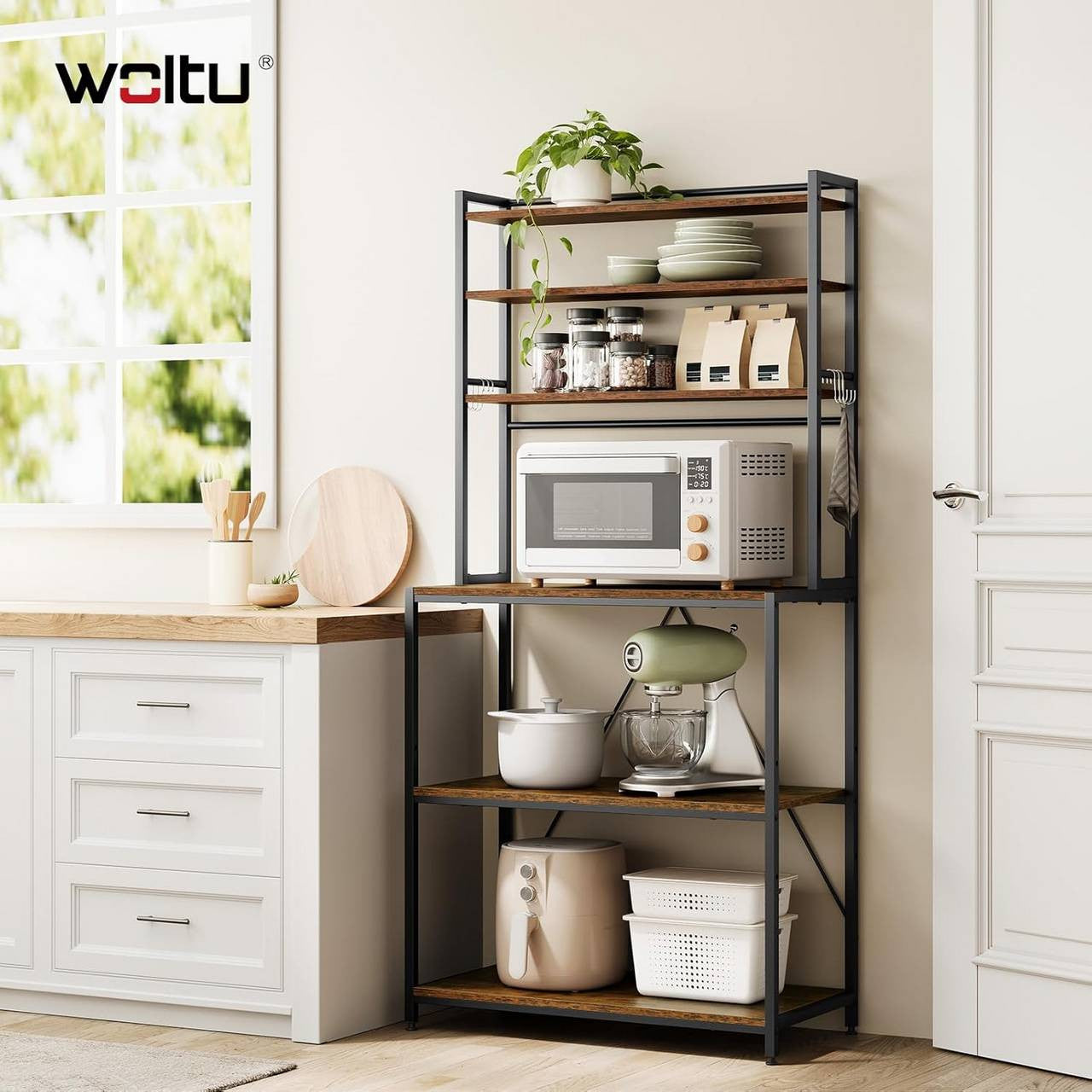24goodz Kitchen Rack with 6 Shelves and Hooks - Sturdy and Durable - E1-Quality Engineered Wood - For Kitchen and Living Room - Rustic Brown