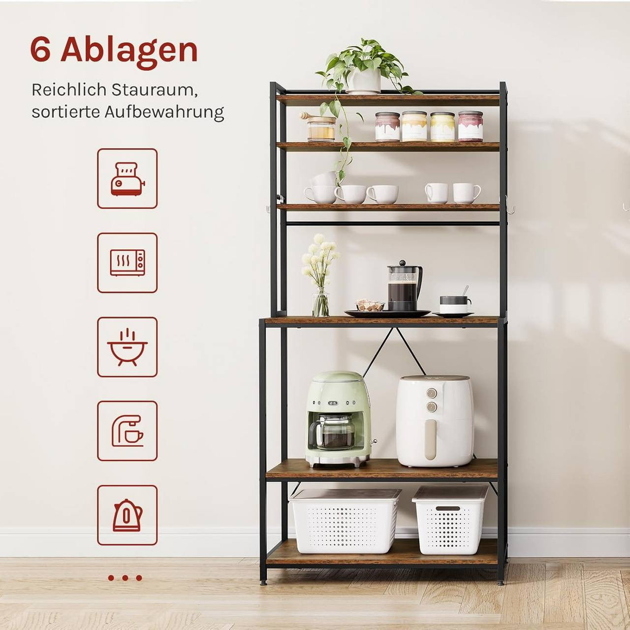 24goodz Kitchen Rack with 6 Shelves and Hooks - Sturdy and Durable - E1-Quality Engineered Wood - For Kitchen and Living Room - Rustic Brown
