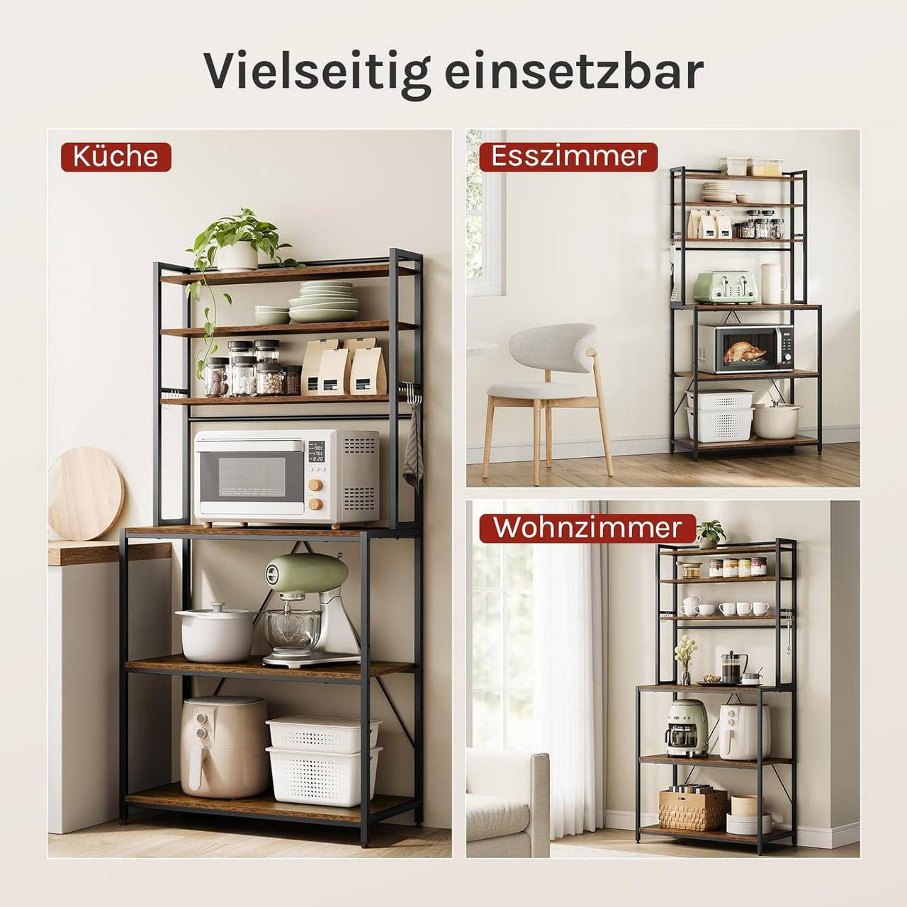 24goodz Kitchen Rack with 6 Shelves and Hooks - Sturdy and Durable - E1-Quality Engineered Wood - For Kitchen and Living Room - Rustic Brown