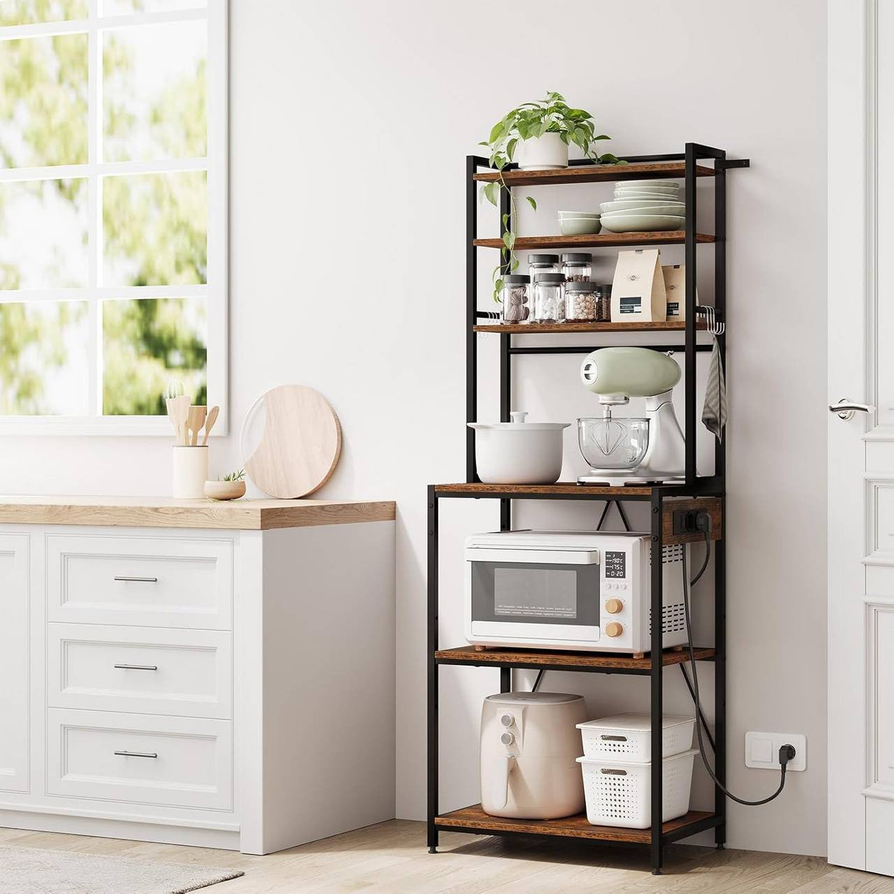 24goodz Kitchen Shelf with Power Outlets - Spacious Storage Solution - E1-Class Particleboard - For Home Chefs - Rustic Brown