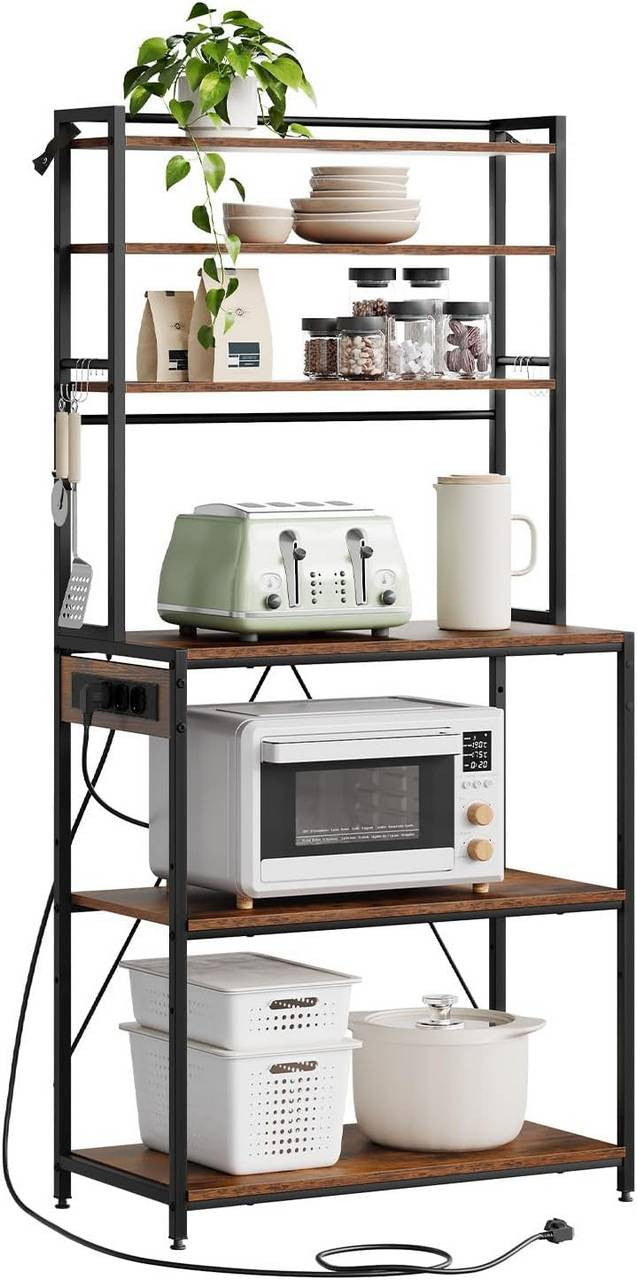 24goodz Kitchen Shelf with Power Outlets - Ample Storage Space - Sturdy Metal Frame - For Home Chefs - Rustic Brown