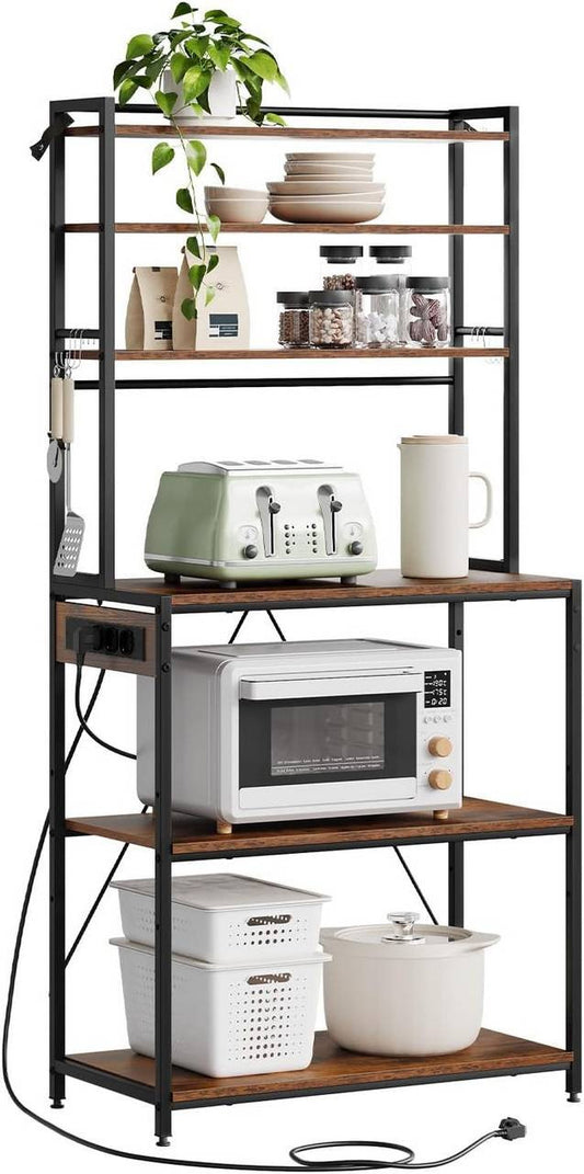24goodz Kitchen Shelf with Power Outlets - Ample Storage Space - Sturdy Metal Frame - For Home Chefs - Rustic Brown