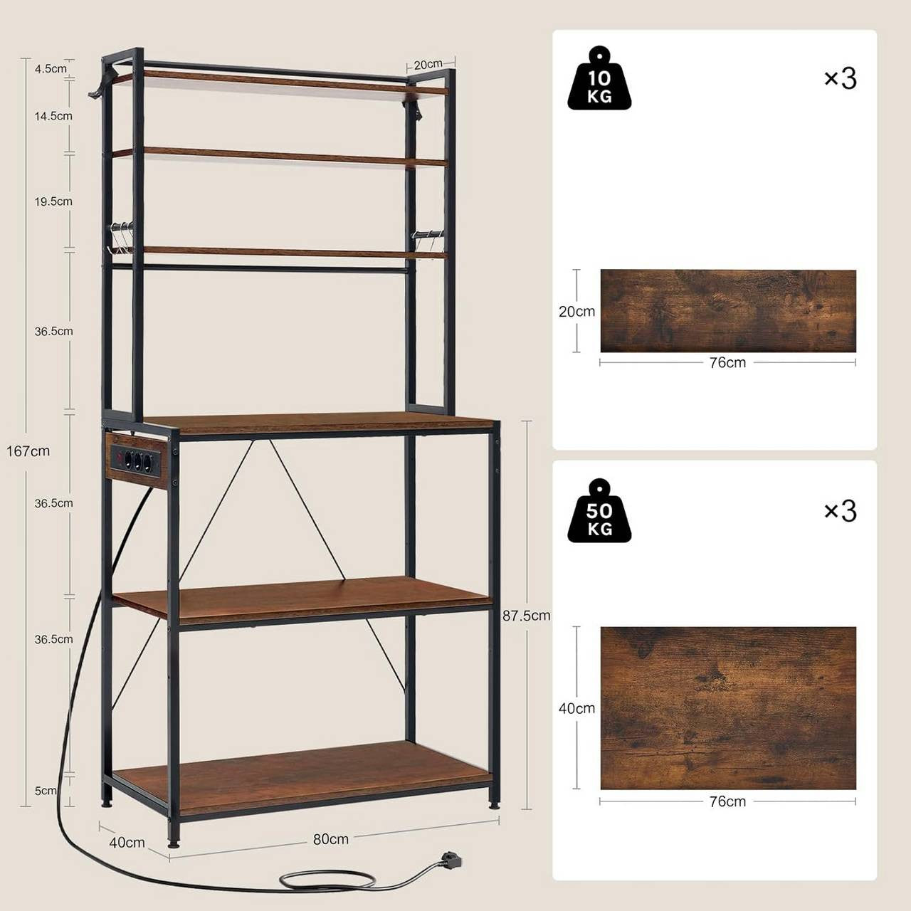24goodz Kitchen Shelf with Power Outlets - Ample Storage Space - Sturdy Metal Frame - For Home Chefs - Rustic Brown