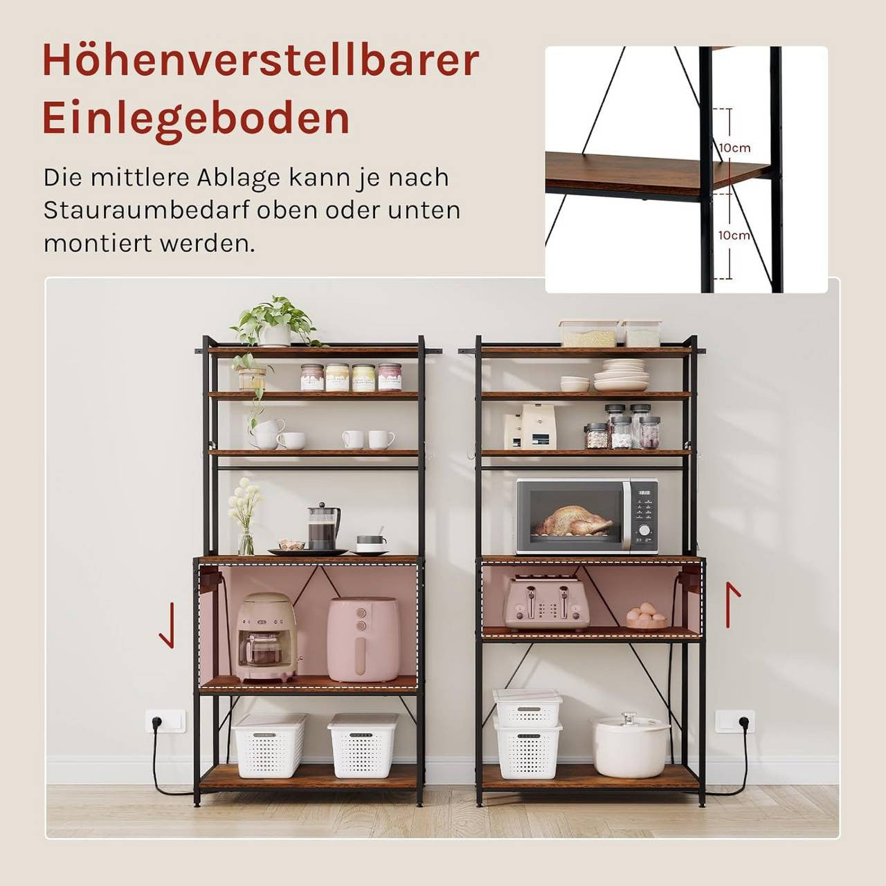 24goodz Kitchen Shelf with Power Outlets - Ample Storage Space - Sturdy Metal Frame - For Home Chefs - Rustic Brown