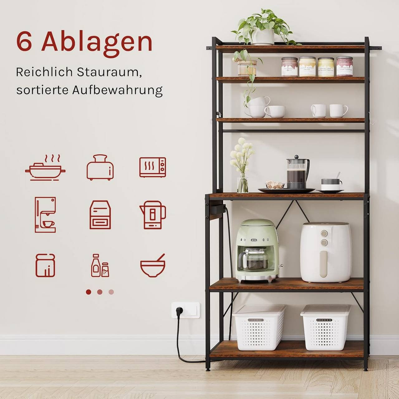 24goodz Kitchen Shelf with Power Outlets - Ample Storage Space - Sturdy Metal Frame - For Home Chefs - Rustic Brown