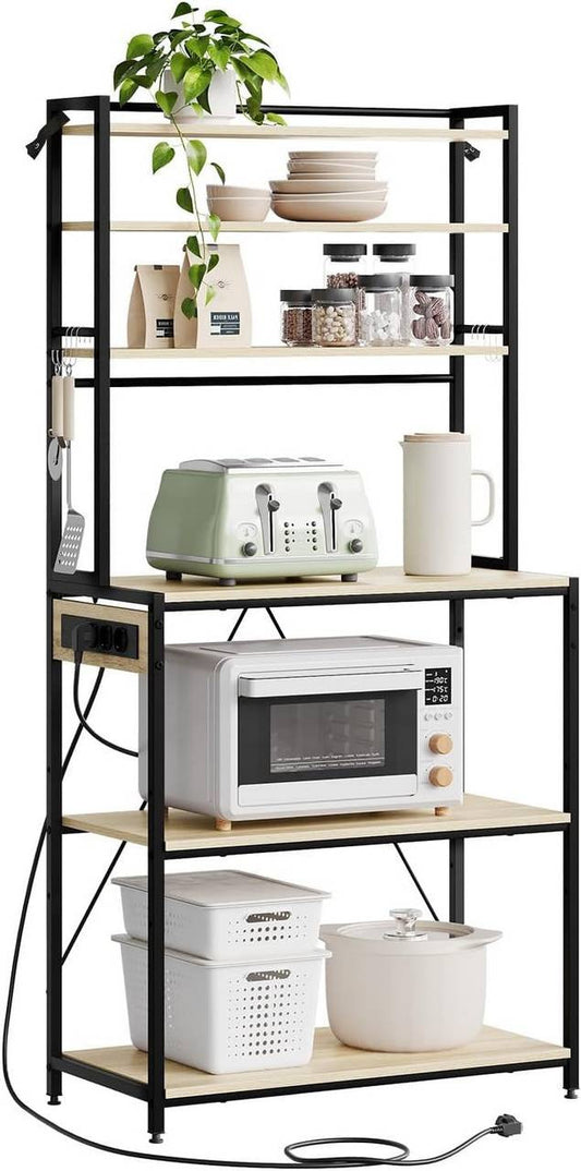 24goodz Kitchen Shelf with Power Outlets - Spacious Storage with 6 Shelves - Sturdy Metal Frame - For Kitchen Enthusiasts - Light Oak + Black