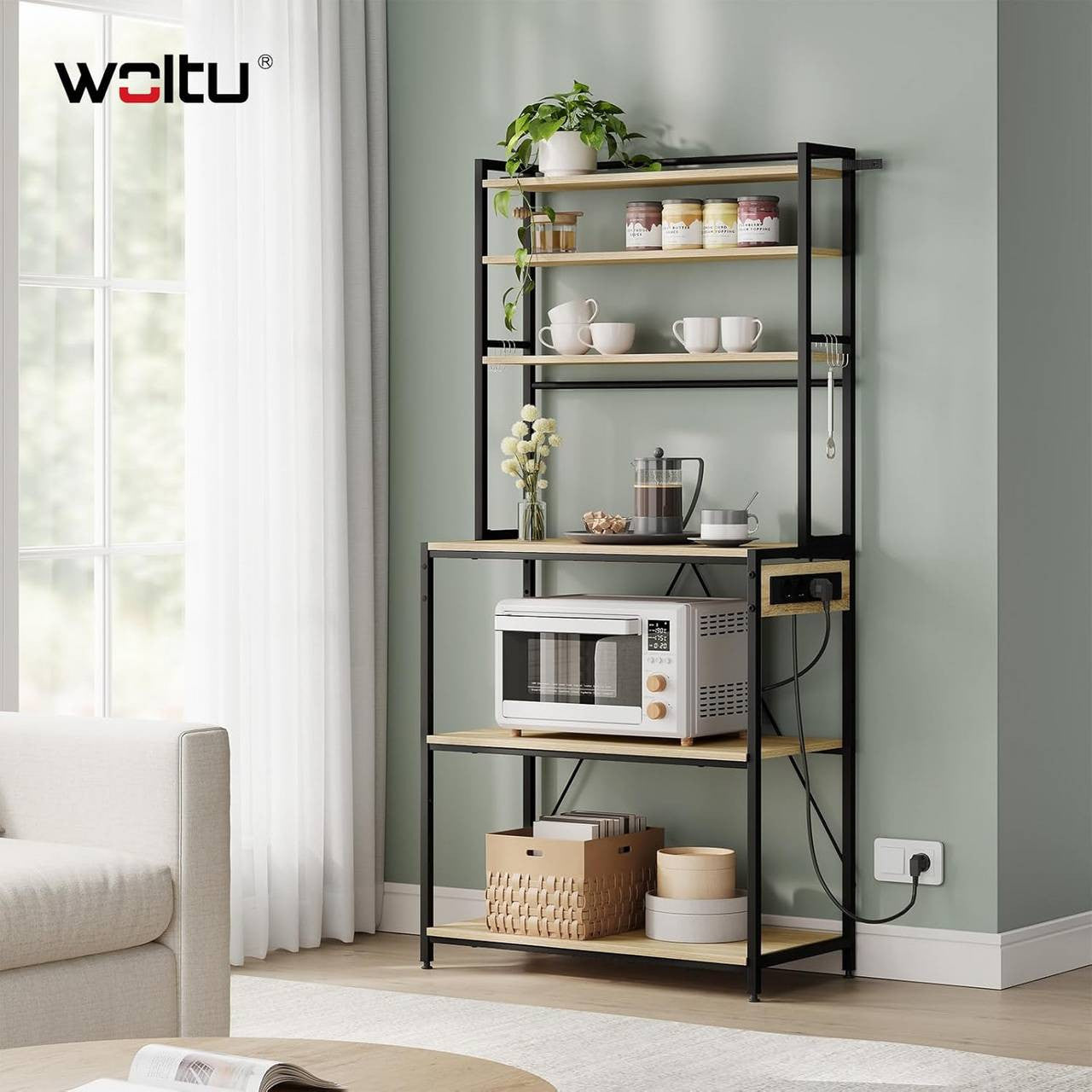 24goodz Kitchen Shelf with Power Outlets - Spacious Storage with 6 Shelves - Sturdy Metal Frame - For Kitchen Enthusiasts - Light Oak + Black