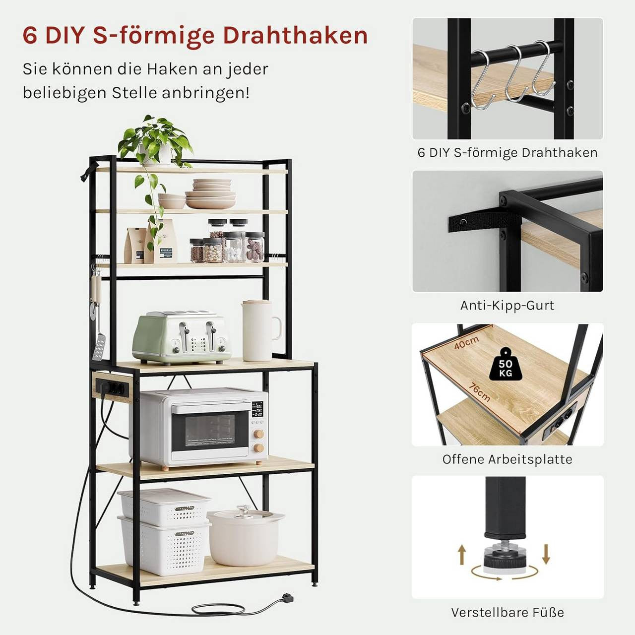 24goodz Kitchen Shelf with Power Outlets - Spacious Storage with 6 Shelves - Sturdy Metal Frame - For Kitchen Enthusiasts - Light Oak + Black