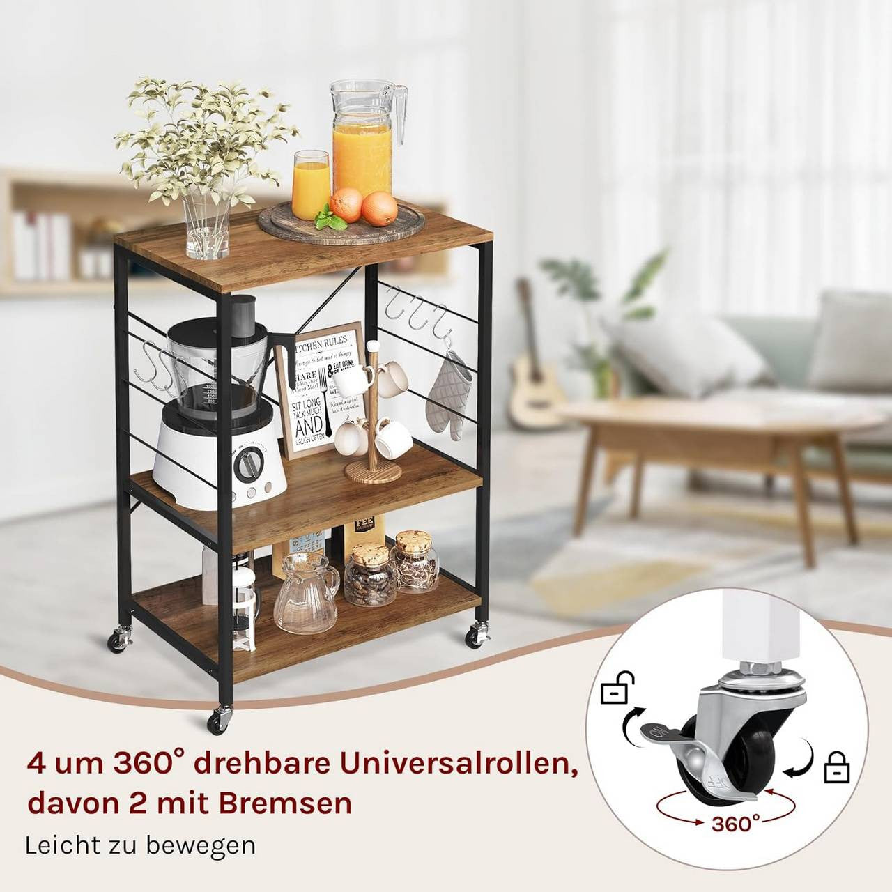 24goodz Kitchen Cart on Wheels - Spacious Storage - Durable Metal Frame - E1-Class Particle Board - For Home Use - Rustic Brown