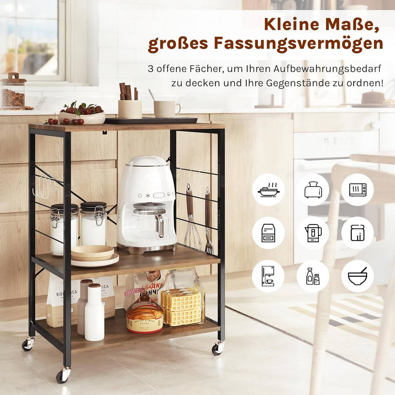 24goodz Kitchen Cart on Wheels - Spacious Storage - Durable Metal Frame - E1-Class Particle Board - For Home Use - Rustic Brown