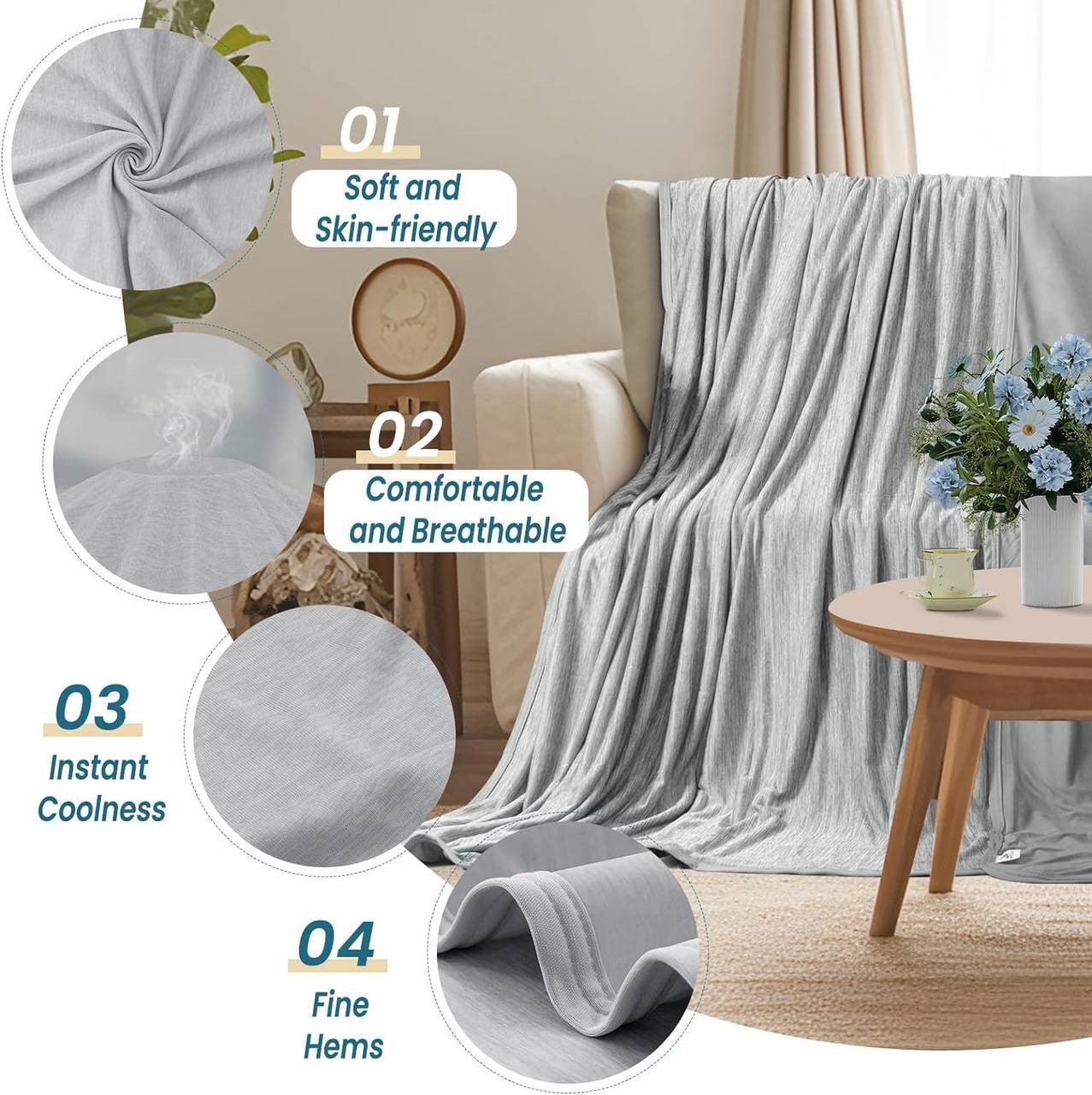 24goodz 2-in-1 Cooling Blanket - Dual-Sided Comfort - Polyester and Nylon - For All Seasons - Light Grey 220x240cm