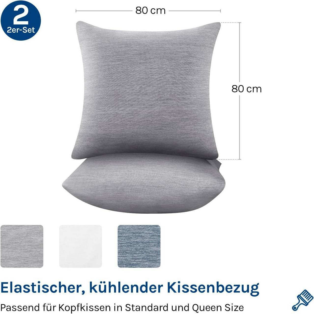 24goodz Cooling Pillowcase Set of 2 - Arc-Chill Technology for Ultimate Comfort - Soft Breathable Cool Fiber - Grey - 80x80 cm