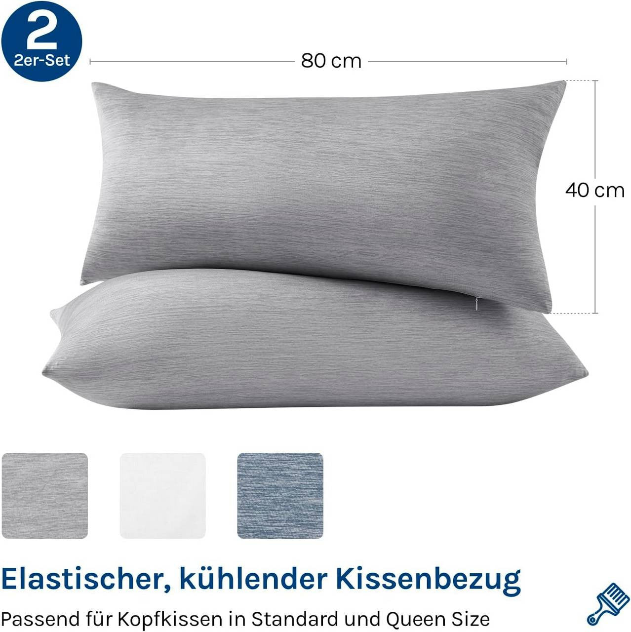 24goodz Cooling Pillowcase Set of 2 - Skin-Friendly and Hair-Friendly - Cooling Fiber with Arc-Chill Technology - Grey - 40x80 cm