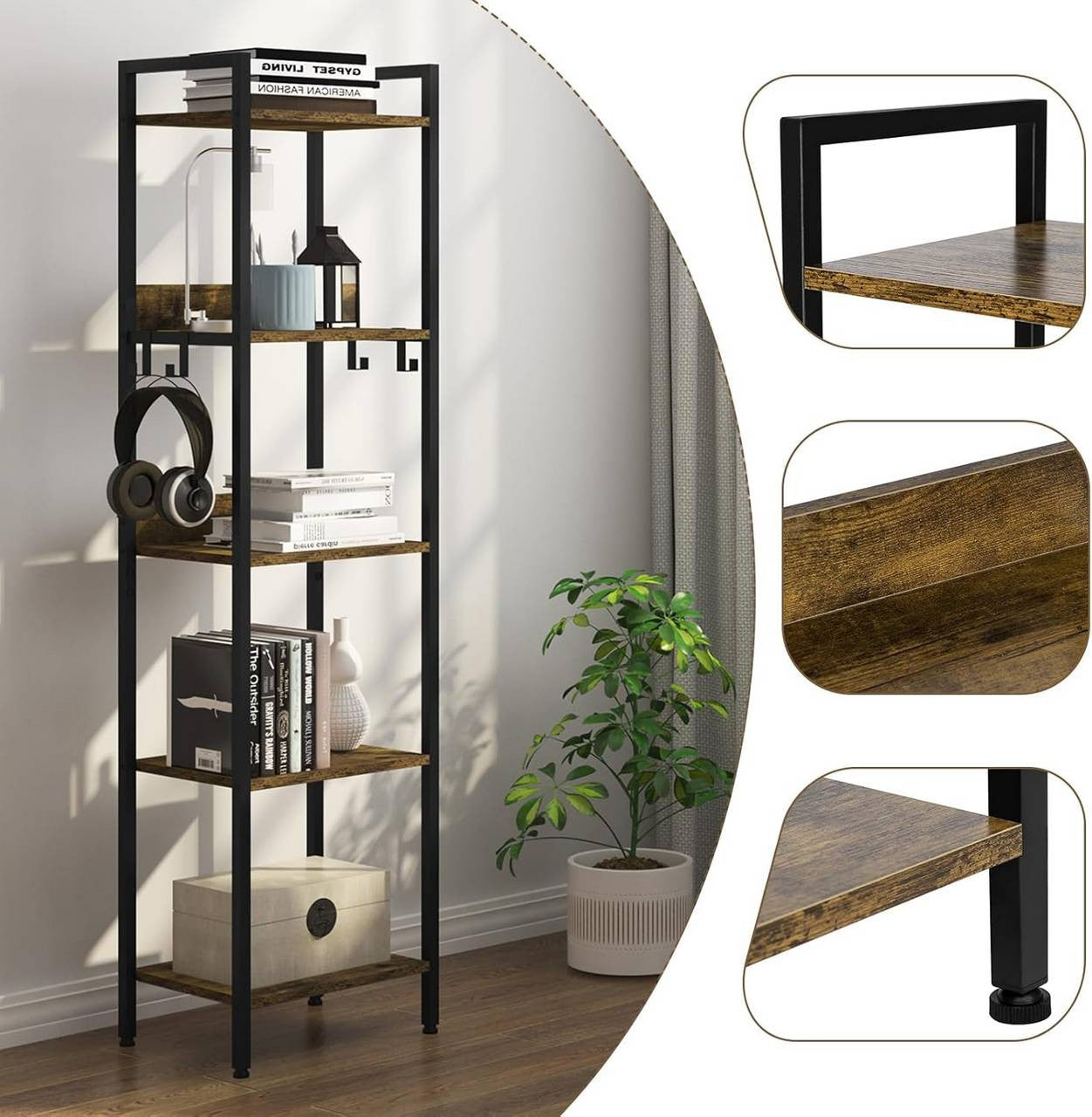 24goodz 5-Tier Storage Shelf - Versatile for Any Room - Sturdy and Stylish - MDF and Metal - Vintage Wood Look - 40 x 30 x 152.5 cm