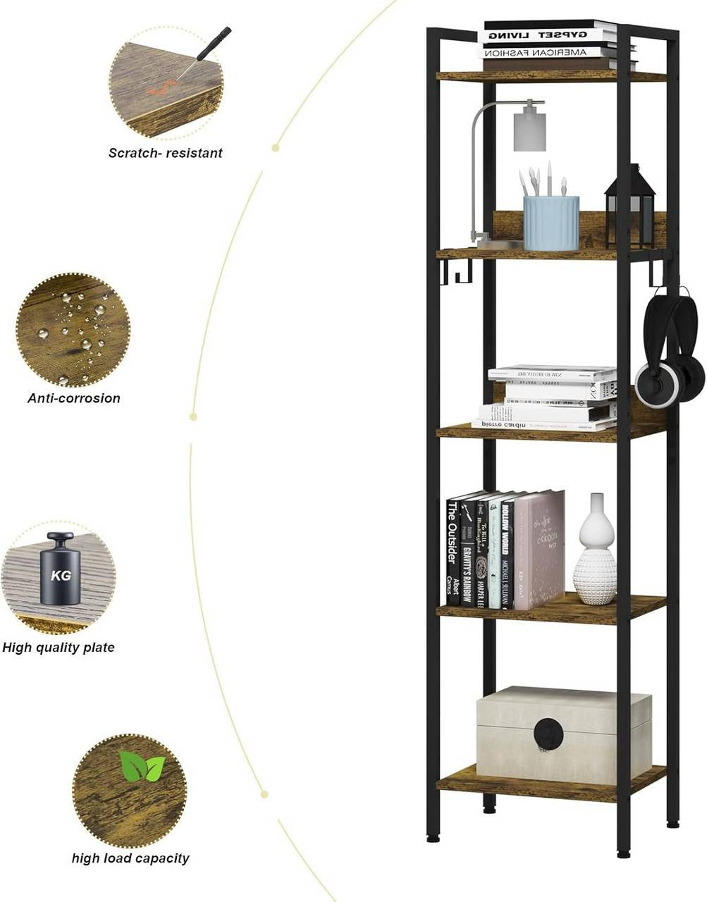 24goodz 5-Tier Storage Shelf - Versatile for Any Room - Sturdy and Stylish - MDF and Metal - Vintage Wood Look - 40 x 30 x 152.5 cm