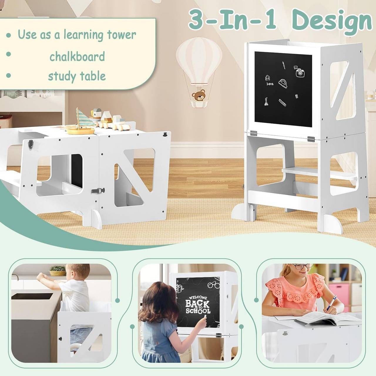 24goodz 3-in-1 Learning Tower - Multifunctional Design - High Stability - MDF - For Children from 1 to 3 years - White