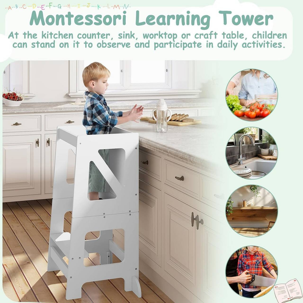 24goodz 3-in-1 Learning Tower - Multifunctional Design - High Stability - MDF - For Children from 1 to 3 years - White