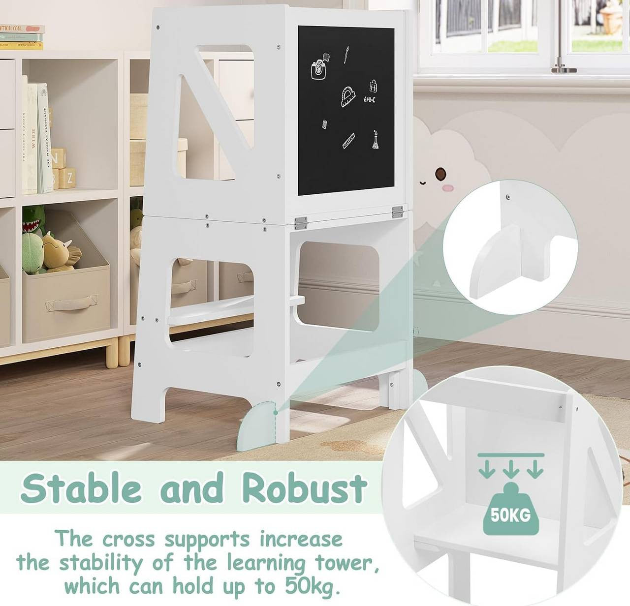 24goodz 3-in-1 Learning Tower - Multifunctional Design - High Stability - MDF - For Children from 1 to 3 years - White