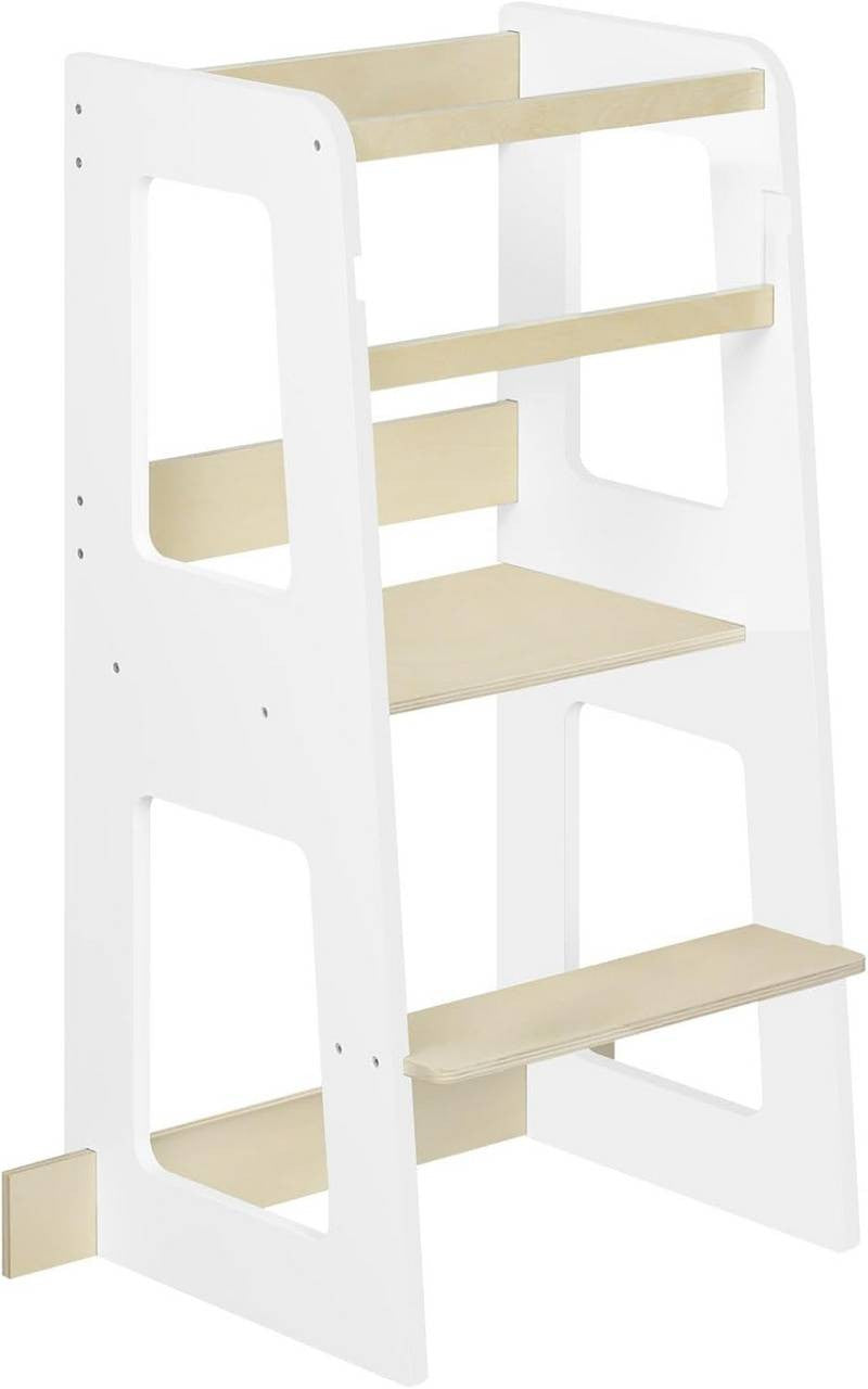 24goodz Learning Tower for Children from 1 Year - Safe and Stable Design - MDF and Solid Wood - White and Natural Wood Colour - 59 x 90 x 41 cm