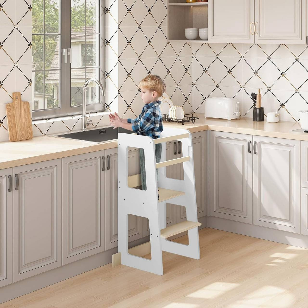 24goodz Learning Tower for Children from 1 Year - Safe and Stable Design - MDF and Solid Wood - White and Natural Wood Colour - 59 x 90 x 41 cm