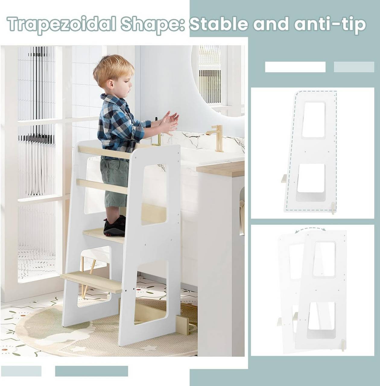 24goodz Learning Tower for Children from 1 Year - Safe and Stable Design - MDF and Solid Wood - White and Natural Wood Colour - 59 x 90 x 41 cm