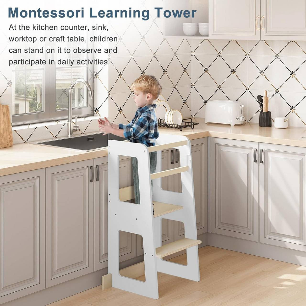 24goodz Learning Tower for Children from 1 Year - Safe and Stable Design - MDF and Solid Wood - White and Natural Wood Colour - 59 x 90 x 41 cm