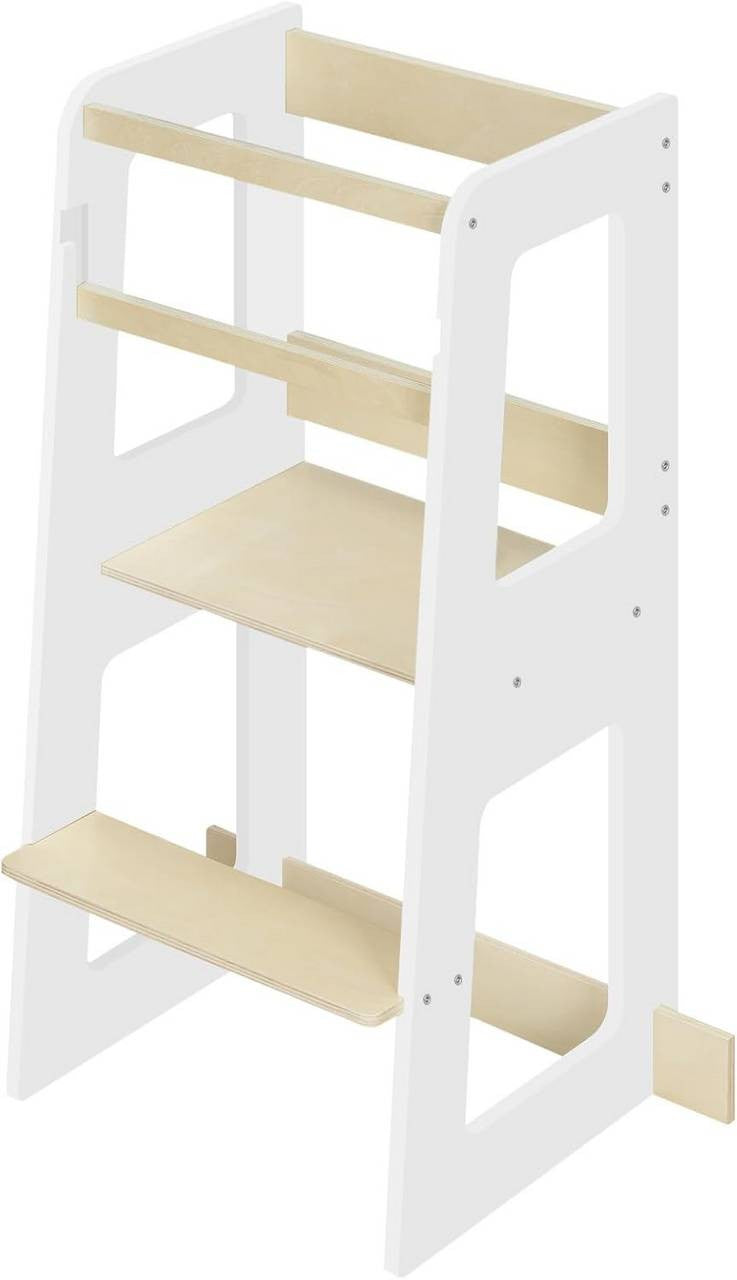 24goodz Learning Tower for Children from 1 Year - Safe and Stable Design - MDF and Solid Wood - White and Natural Wood Colour - 59 x 90 x 41 cm