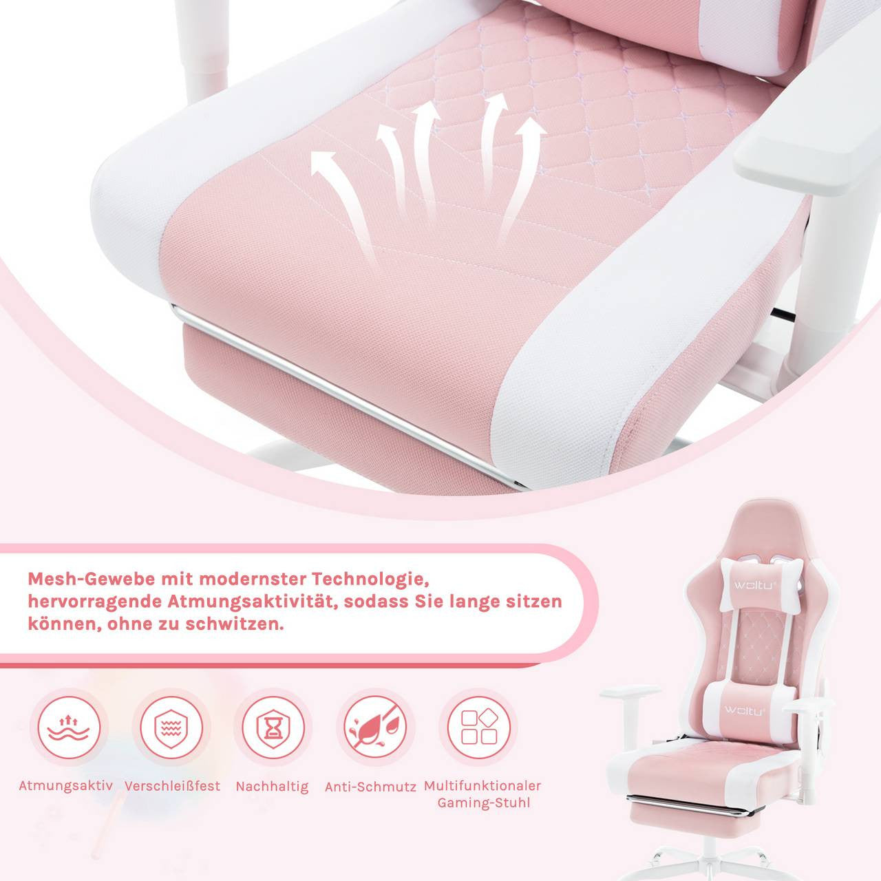 24goodz Ergonomic Massage Gaming Chair - Breathable Mesh Fabric - Adjustable Recline - Metal Frame - For Gamers - Black + Pink