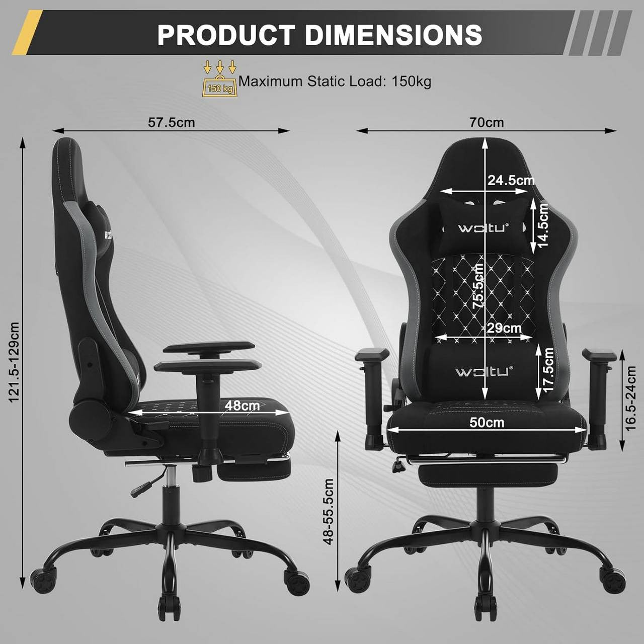 24goodz Ergonomic Massage Gaming Chair - Comfort Meets Functionality - Technical Fabric - For Gamers and Office Workers - Black + Grey