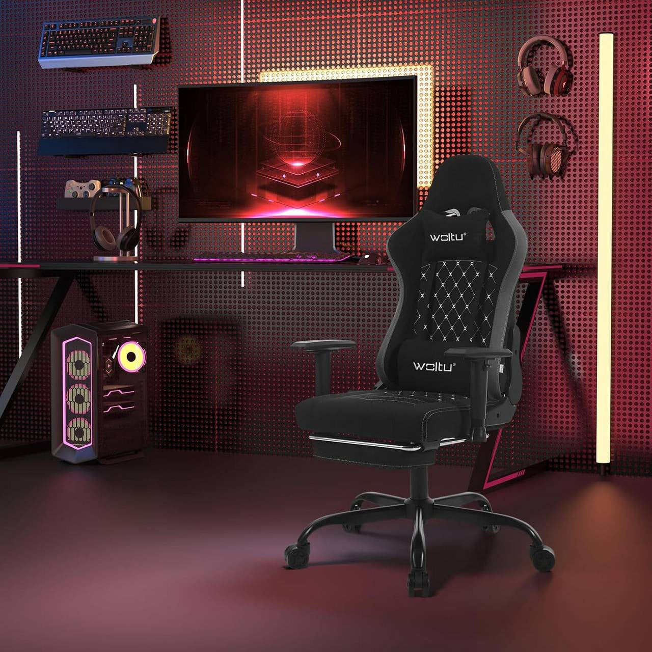 24goodz Ergonomic Massage Gaming Chair - Comfort Meets Functionality - Technical Fabric - For Gamers and Office Workers - Black + Grey
