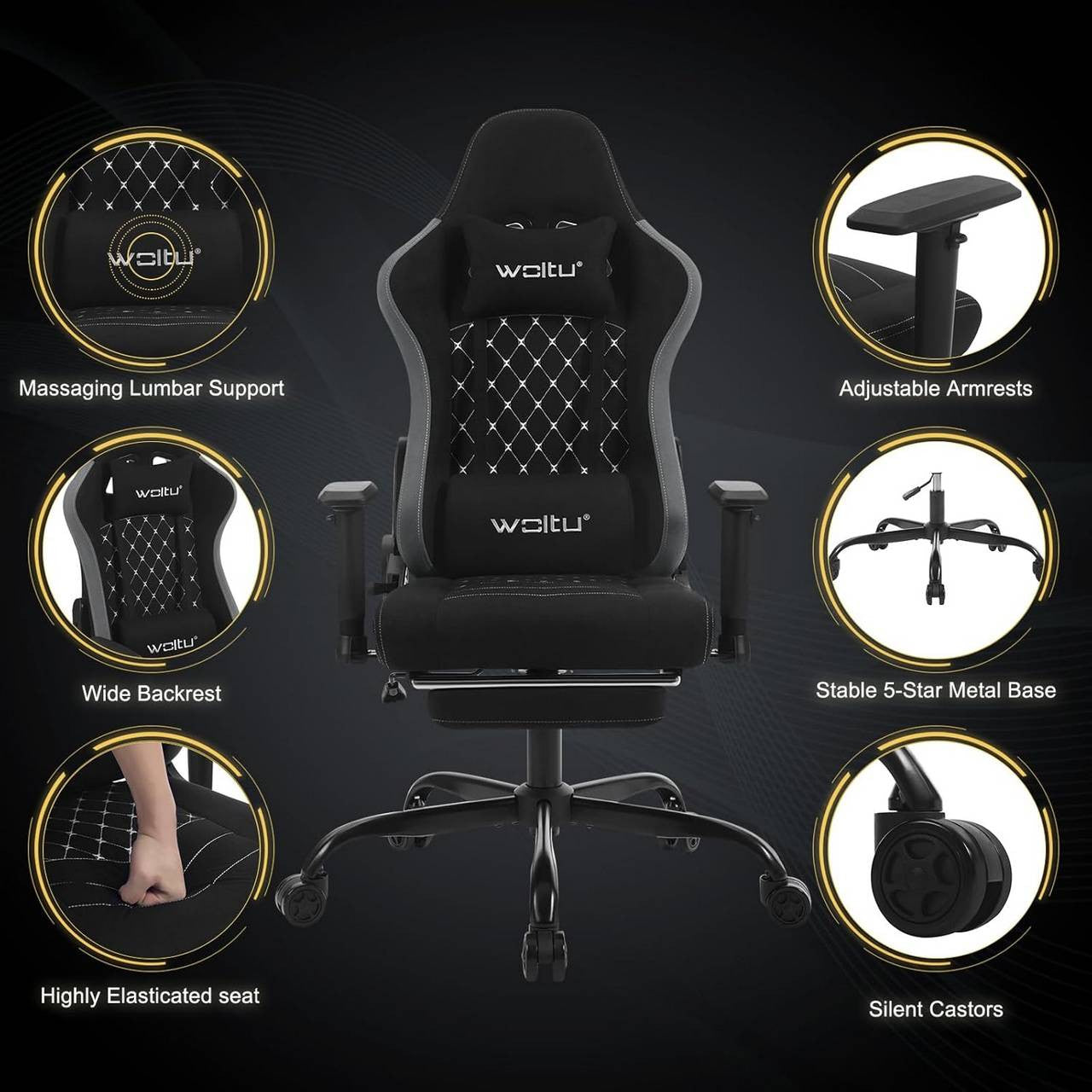 24goodz Ergonomic Massage Gaming Chair - Comfort Meets Functionality - Technical Fabric - For Gamers and Office Workers - Black + Grey