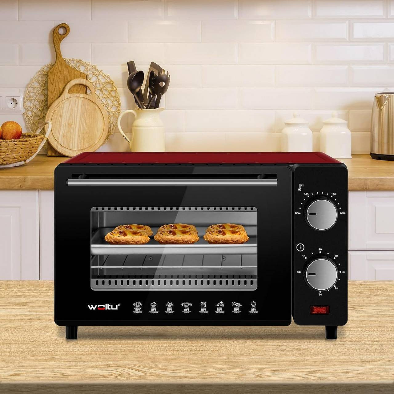 24goodz Mini Oven 10 Liter - Compact Design - Multifunctional Cooking - 650 W - Red/White/Black - rt