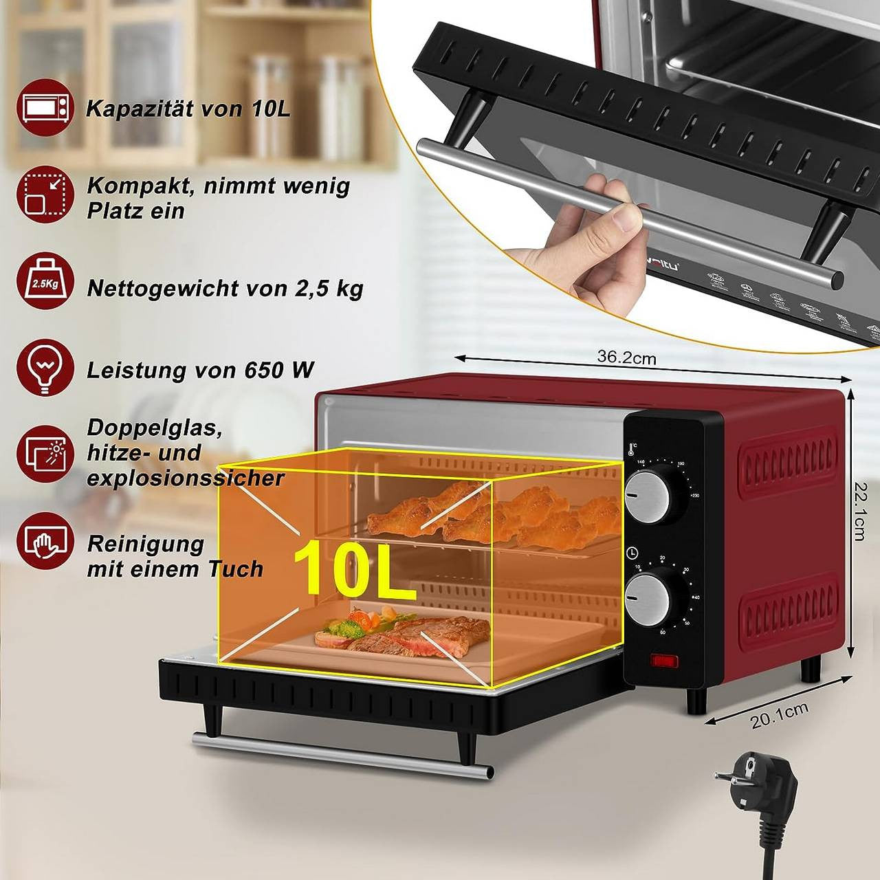 24goodz Mini Oven 10 Liter - Compact Design - Multifunctional Cooking - 650 W - Red/White/Black - rt