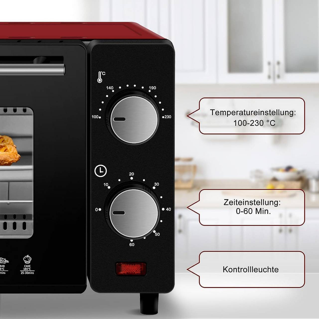 24goodz Mini Oven 10 Liter - Compact Design - Multifunctional Cooking - 650 W - Red/White/Black - rt