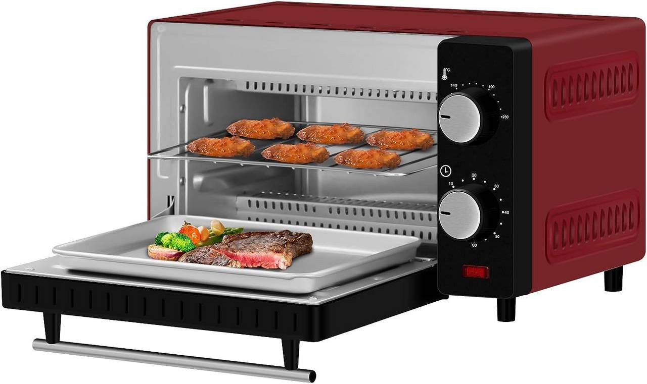 24goodz Mini Oven 10 Liter - Compact Design - Multifunctional Cooking - 650 W - Red/White/Black - rt