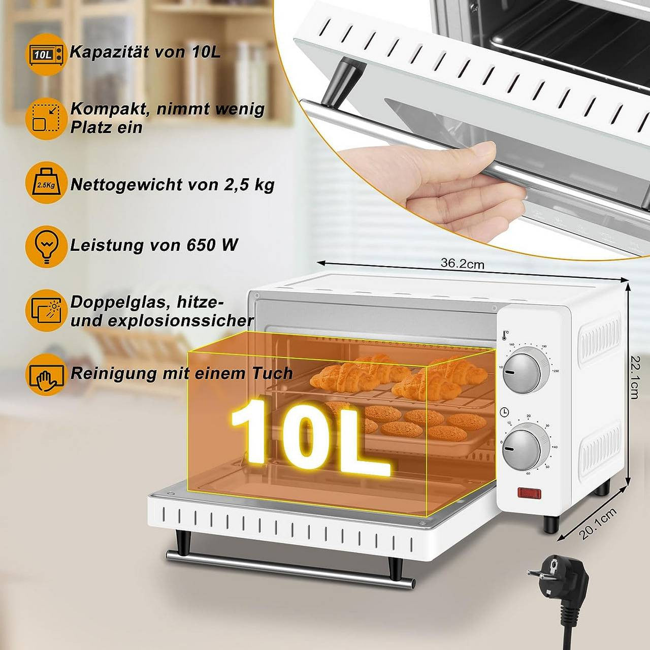 24goodz Mini Oven 10 Liter - Compact Design - Multifunctional Cooking - 650 W - For Small Households - Red/White/Black - ws