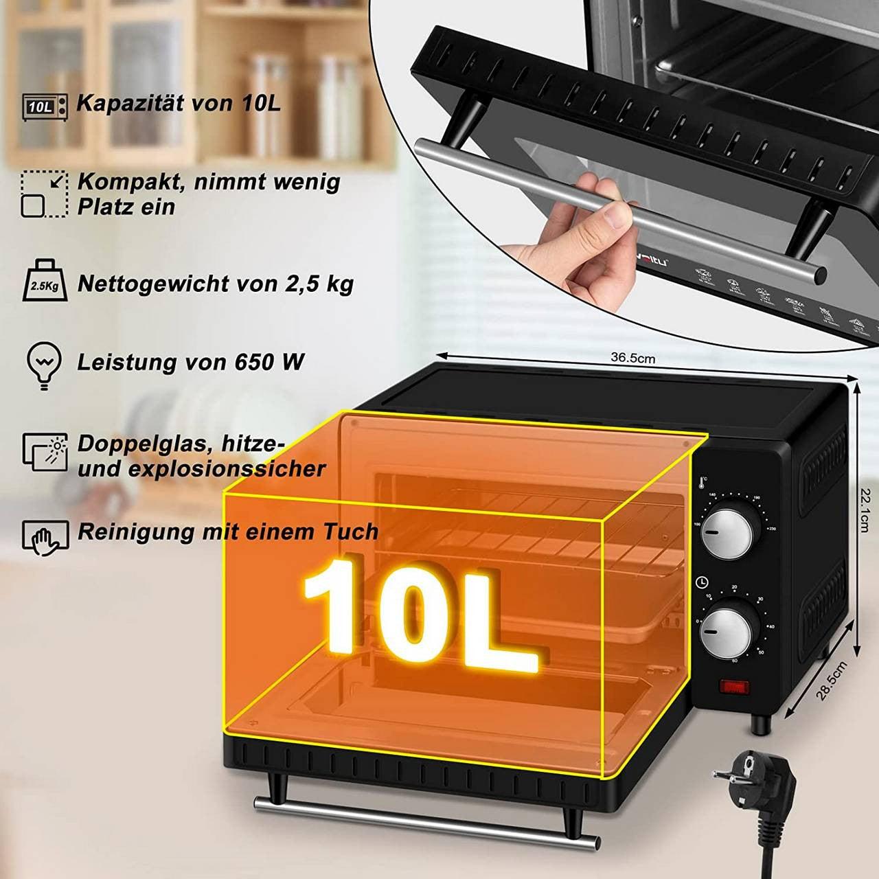 24goodz Mini Oven 10 Liter - Compact Design - Multifunctional Cooking - 650 W - For Small Spaces - Red/White/Black - sz
