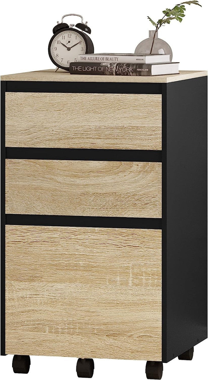 24goodz Mobile Filing Cabinet - Ample Storage Space - Durable and Stylish - E1 Wood - For Home and Office - Light Oak + Black