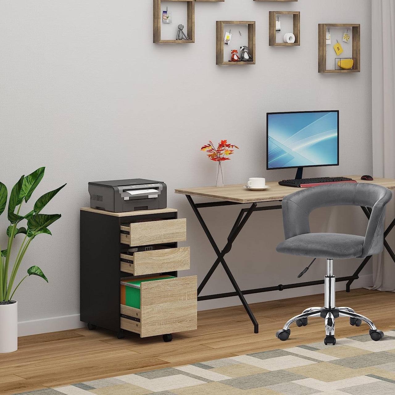24goodz Mobile Filing Cabinet - Ample Storage Space - Durable and Stylish - E1 Wood - For Home and Office - Light Oak + Black